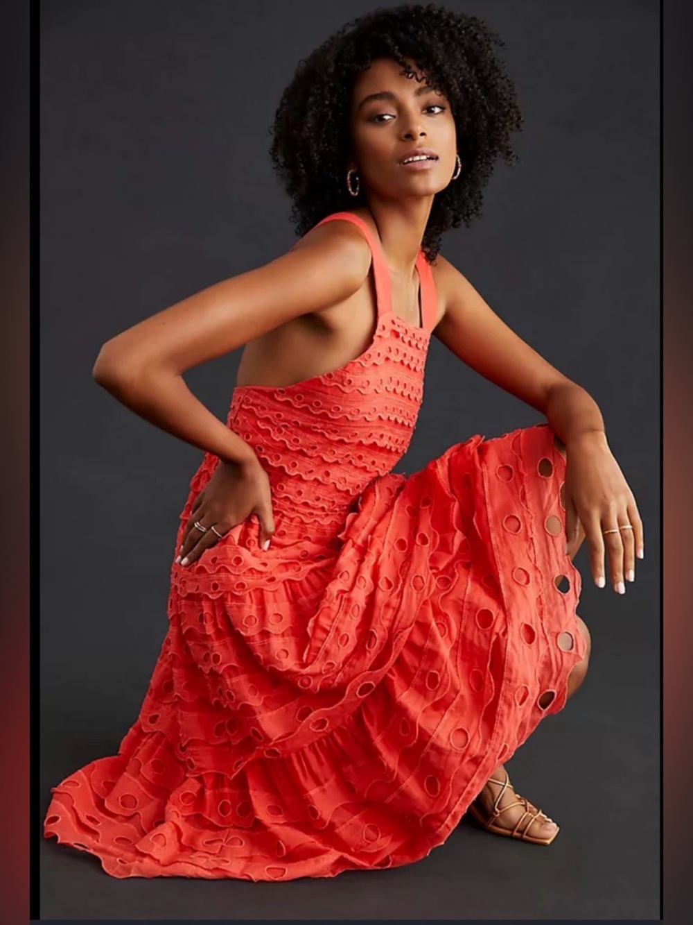 Maeve Anthropologie Red Textured Eyelet Ruffle Dress Sz 4 Halter Midi Backless